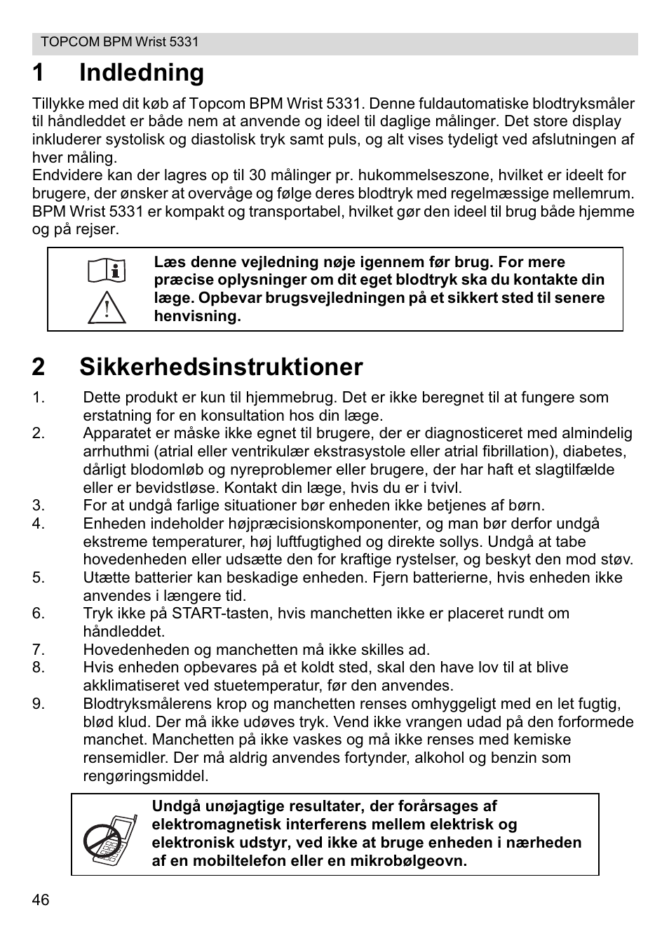 1indledning, 2sikkerhedsinstruktioner | Topcom CE0197 5331 User Manual | Page 46 / 72