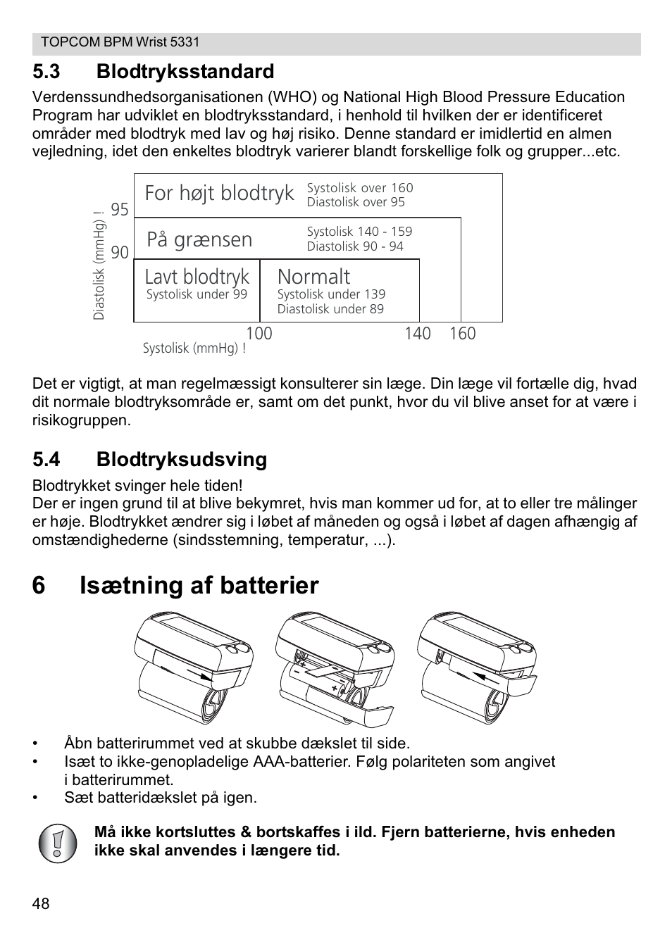 6isætning af batterier, For højt blodtryk, På grænsen | Normalt, Lavt blodtryk, 3 blodtryksstandard, 4 blodtryksudsving | Topcom CE0197 5331 User Manual | Page 48 / 72