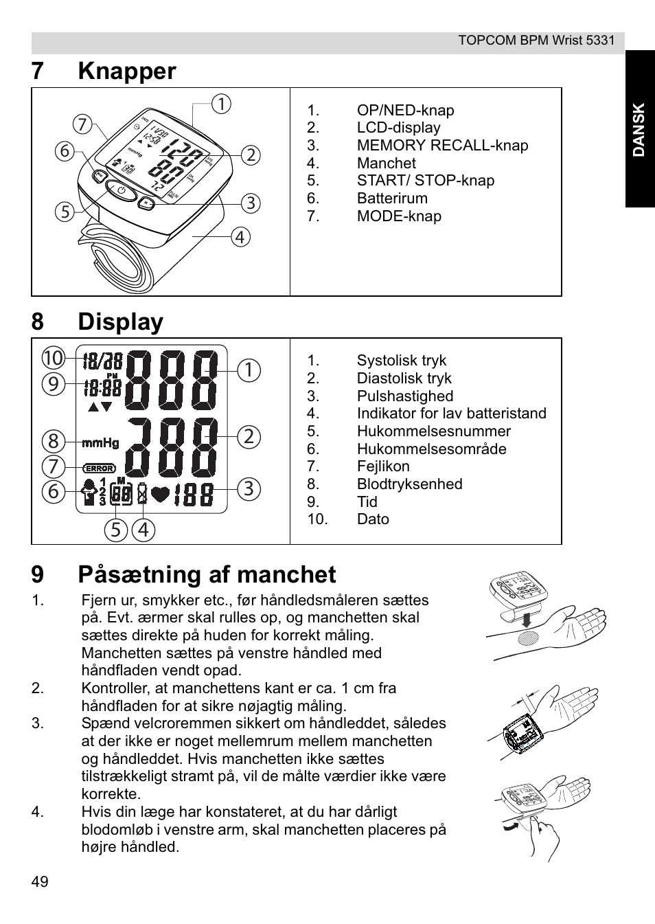 7knapper 8 display 9 påsætning af manchet | Topcom CE0197 5331 User Manual | Page 49 / 72