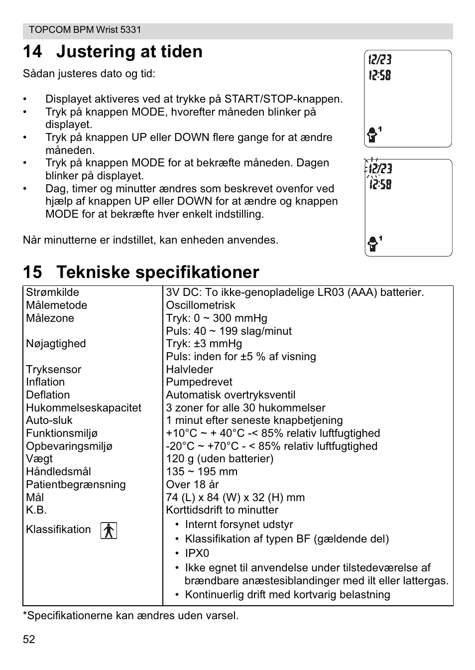 14 justering at tiden, 15 tekniske specifikationer | Topcom CE0197 5331 User Manual | Page 52 / 72