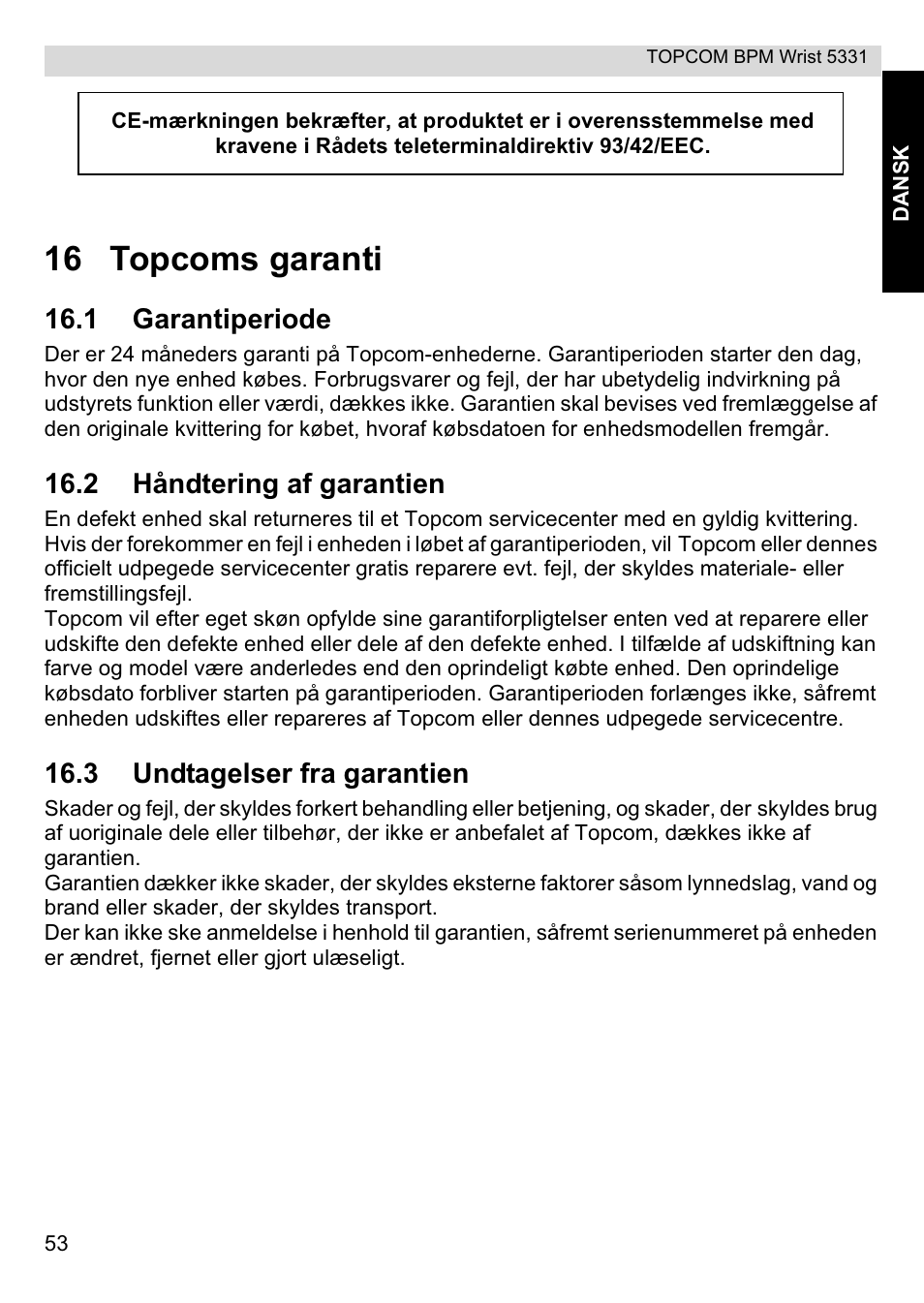 16 topcoms garanti, 1 garantiperiode, 2 håndtering af garantien | 3 undtagelser fra garantien | Topcom CE0197 5331 User Manual | Page 53 / 72