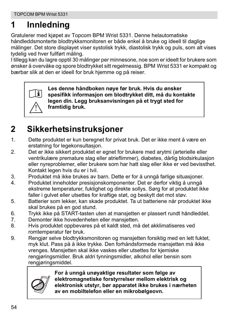 1innledning, 2sikkerhetsinstruksjoner | Topcom CE0197 5331 User Manual | Page 54 / 72