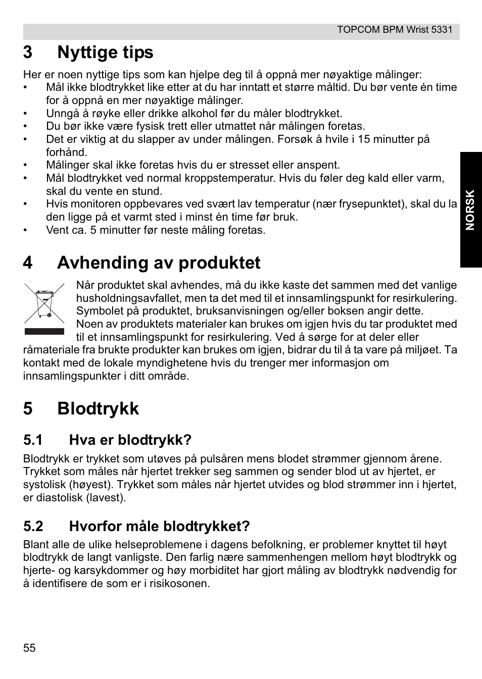 3nyttige tips, 4avhending av produktet, 5blodtrykk | 1 hva er blodtrykk, 2 hvorfor måle blodtrykket | Topcom CE0197 5331 User Manual | Page 55 / 72