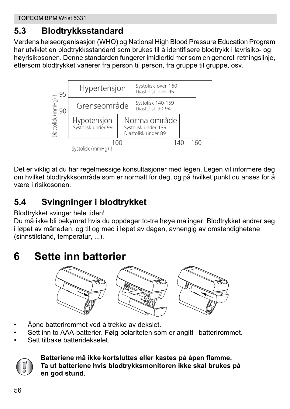 6sette inn batterier, 3 blodtrykksstandard, 4 svingninger i blodtrykket | Hypertensjon, Grenseområde, Normalområde, Hypotensjon | Topcom CE0197 5331 User Manual | Page 56 / 72