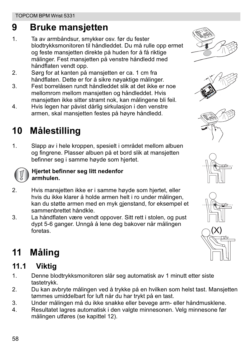 9bruke mansjetten, 10 målestilling, 11 måling | 1 viktig | Topcom CE0197 5331 User Manual | Page 58 / 72