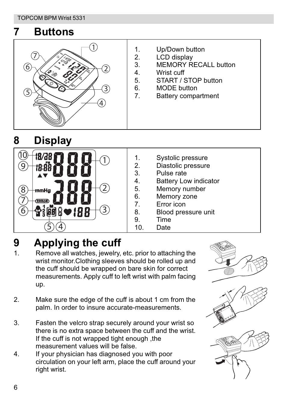 7buttons 8 display 9 applying the cuff | Topcom CE0197 5331 User Manual | Page 6 / 72