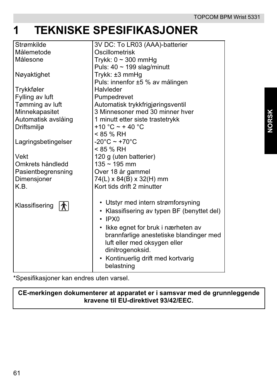1tekniske spesifikasjoner | Topcom CE0197 5331 User Manual | Page 61 / 72