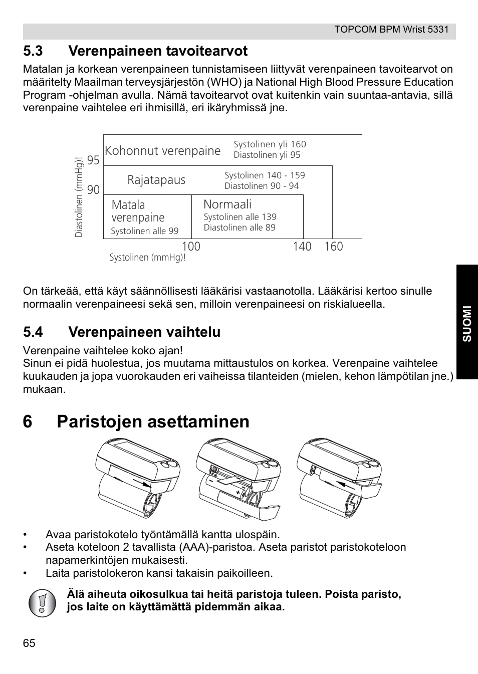 6paristojen asettaminen, 3 verenpaineen tavoitearvot, 4 verenpaineen vaihtelu | Topcom CE0197 5331 User Manual | Page 65 / 72