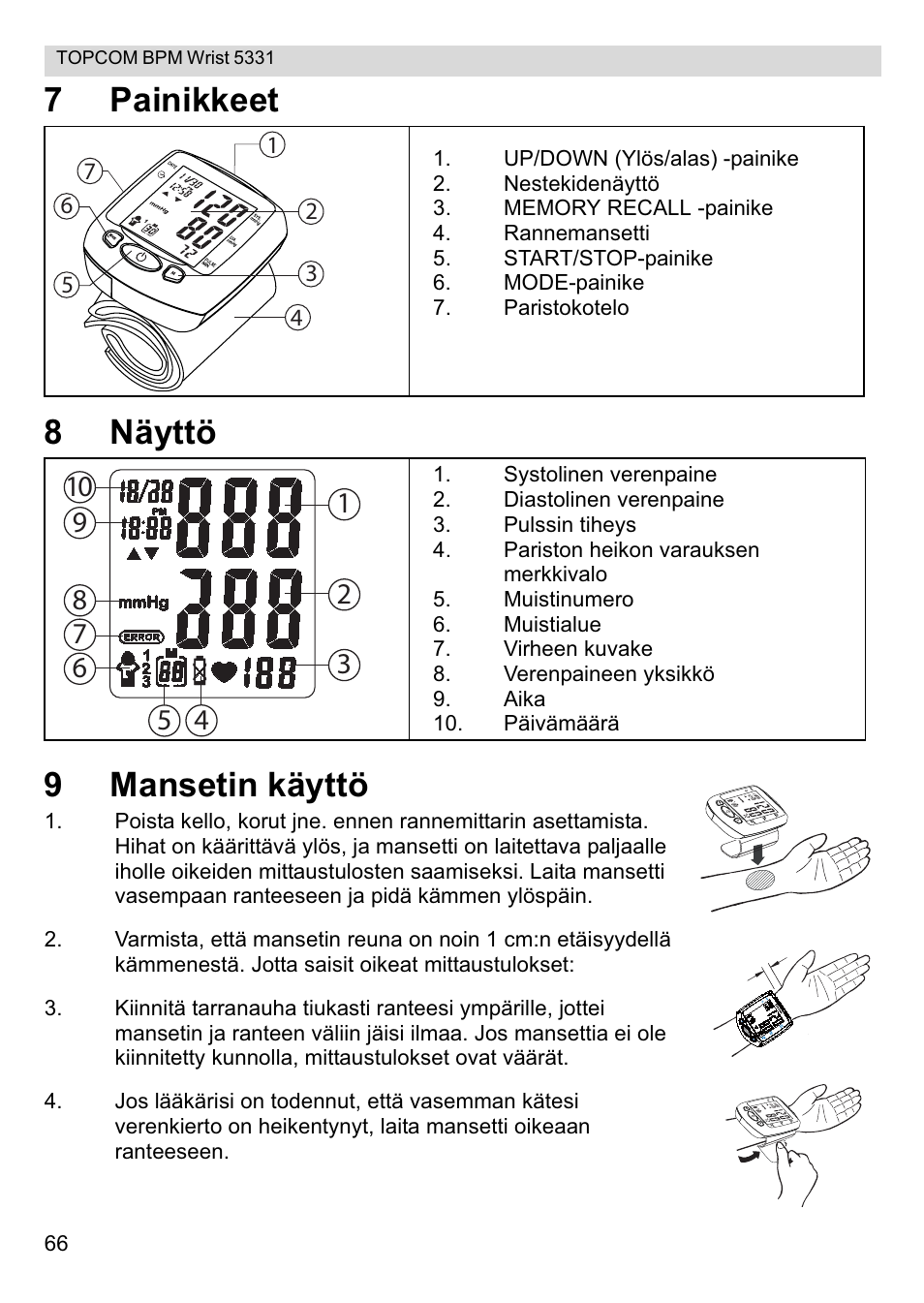 7painikkeet 8 näyttö 9 mansetin käyttö | Topcom CE0197 5331 User Manual | Page 66 / 72