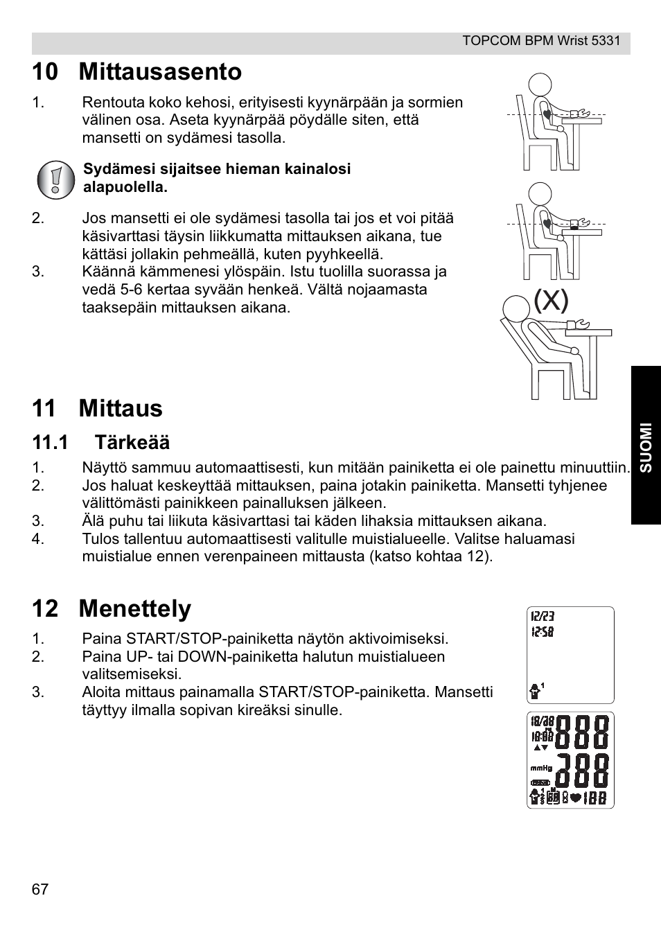 10 mittausasento, 11 mittaus, 12 menettely | 1 tärkeää | Topcom CE0197 5331 User Manual | Page 67 / 72