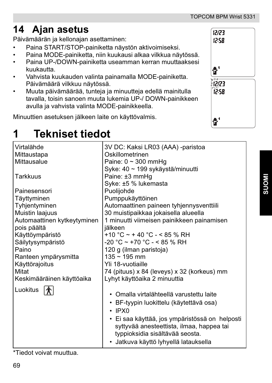 1tekniset tiedot, 14 ajan asetus | Topcom CE0197 5331 User Manual | Page 69 / 72