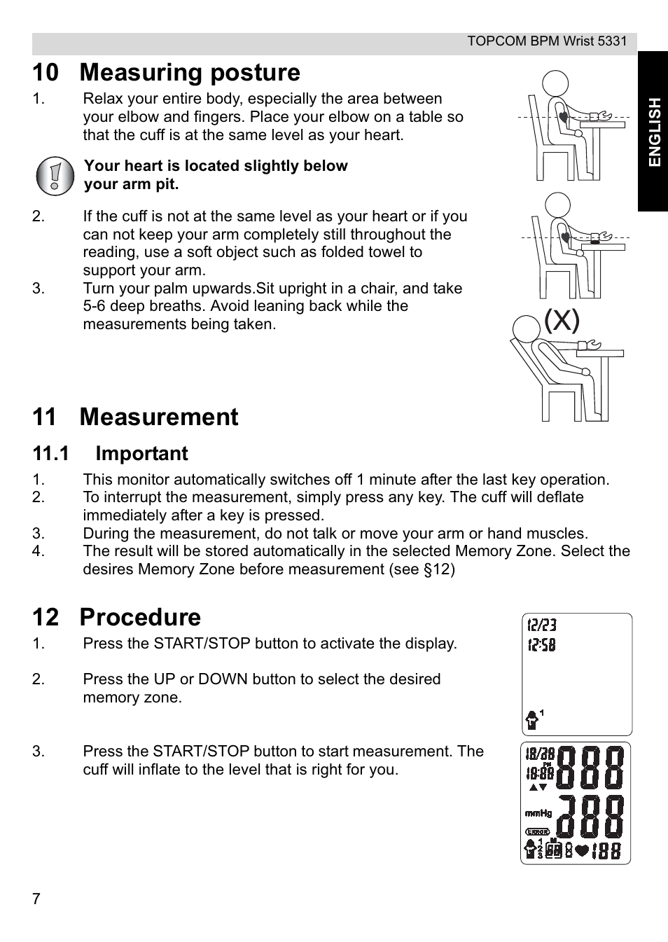 10 measuring posture, 11 measurement, 12 procedure | 1 important | Topcom CE0197 5331 User Manual | Page 7 / 72