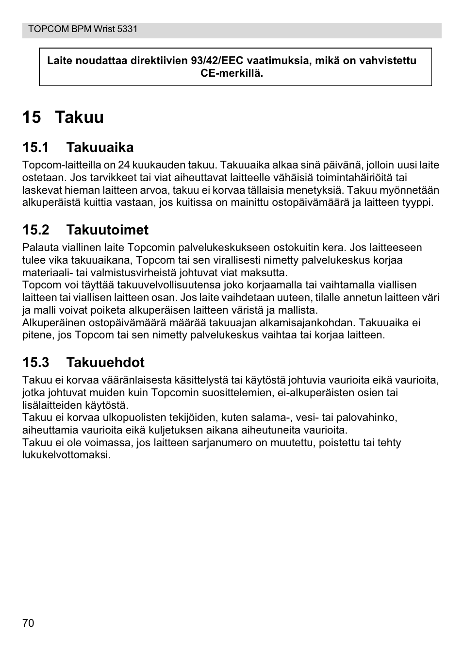 15 takuu | Topcom CE0197 5331 User Manual | Page 70 / 72