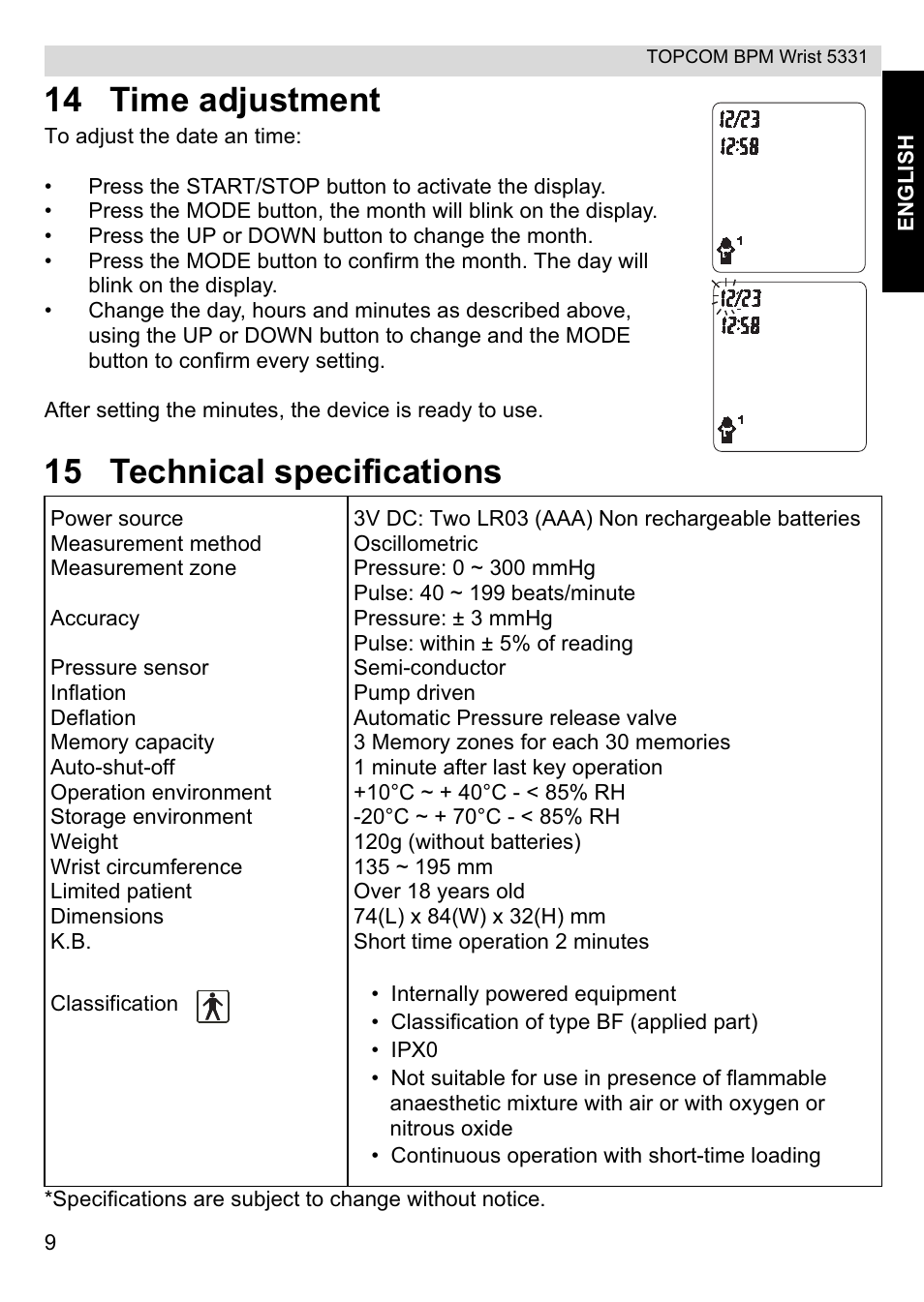 14 time adjustment, 15 technical specifications | Topcom CE0197 5331 User Manual | Page 9 / 72