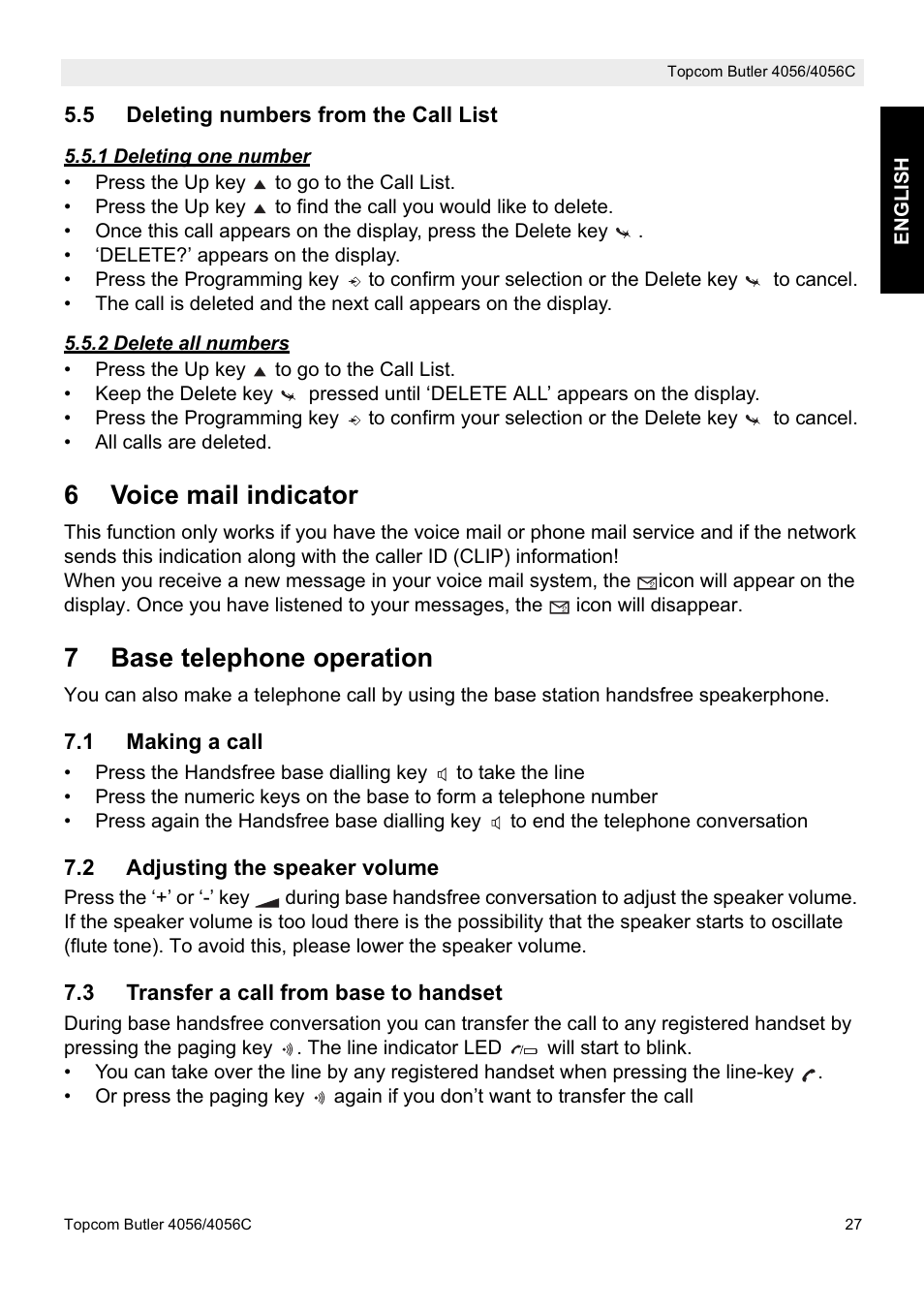 6voice mail indicator, 7base telephone operation | Topcom BUTLER 4056C User Manual | Page 27 / 72