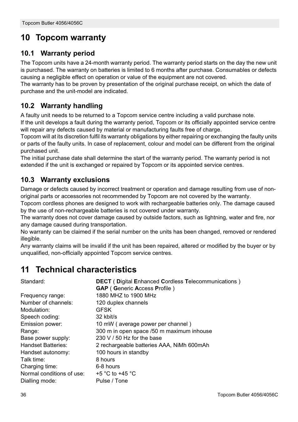 10 topcom warranty, 11 technical characteristics, 1 warranty period | 2 warranty handling, 3 warranty exclusions | Topcom BUTLER 4056C User Manual | Page 36 / 72