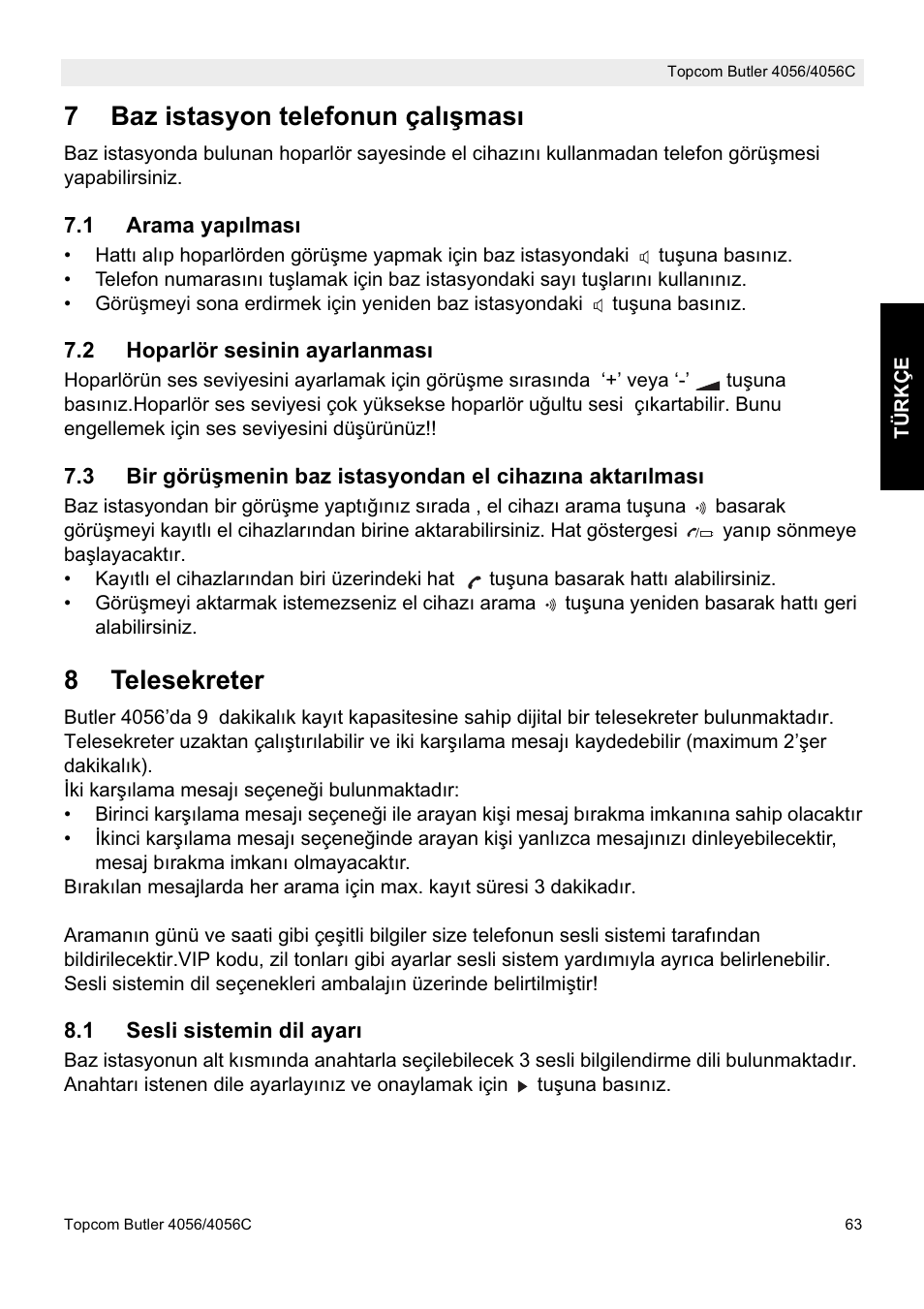 7baz istasyon telefonun çalı úması, 8telesekreter | Topcom BUTLER 4056C User Manual | Page 63 / 72