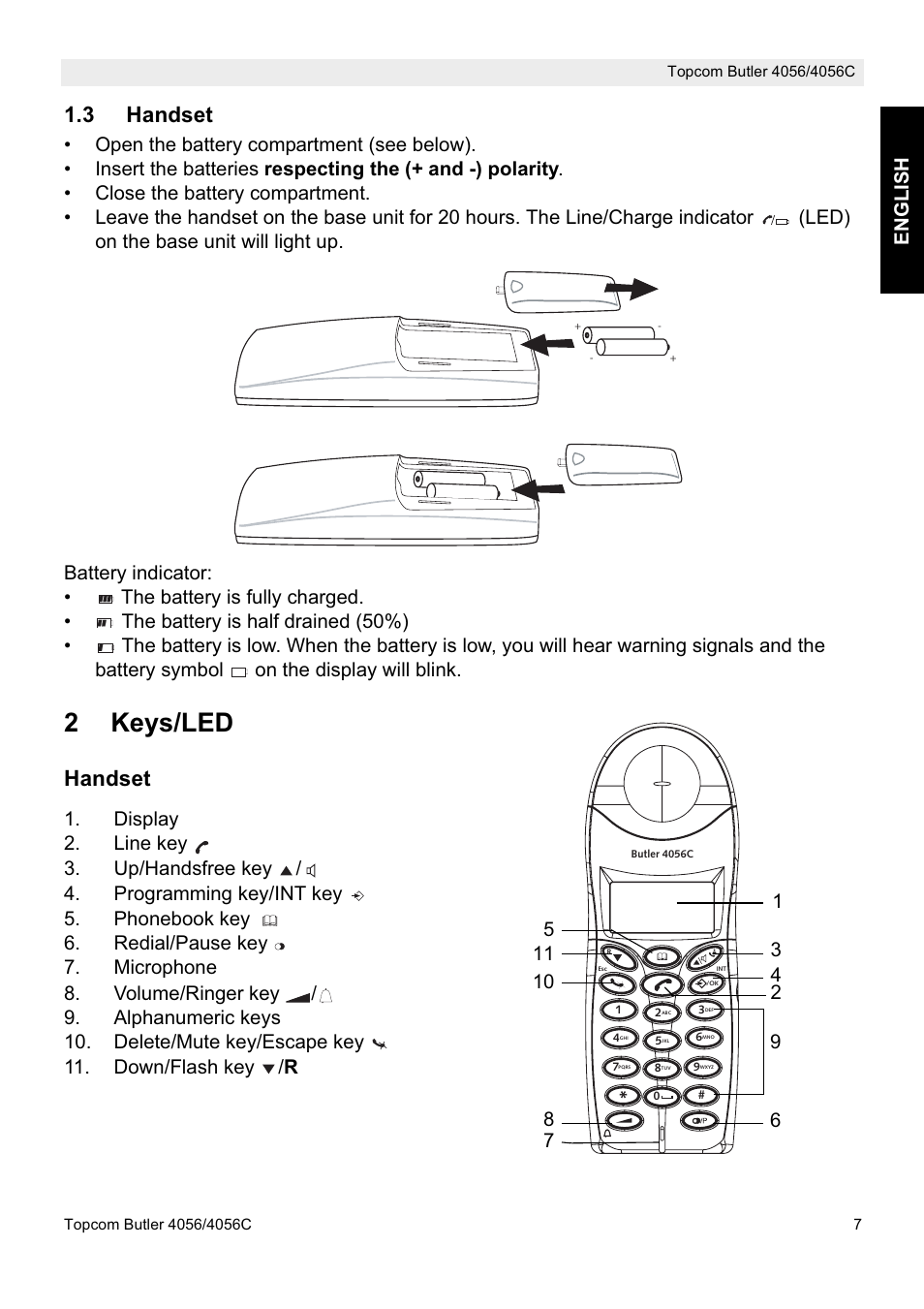 2keys/led, 3 handset, Handset | Englis h | Topcom BUTLER 4056C User Manual | Page 7 / 72