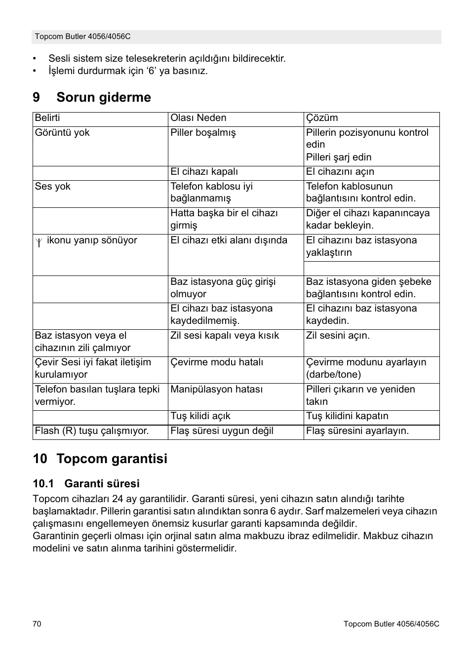 9sorun giderme 10 topcom garantisi | Topcom BUTLER 4056C User Manual | Page 70 / 72