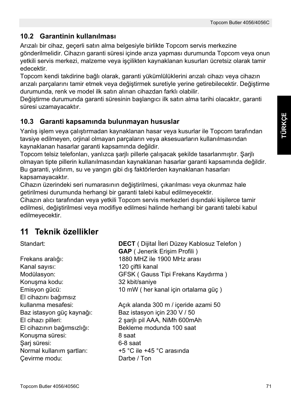 11 teknik özellikler | Topcom BUTLER 4056C User Manual | Page 71 / 72