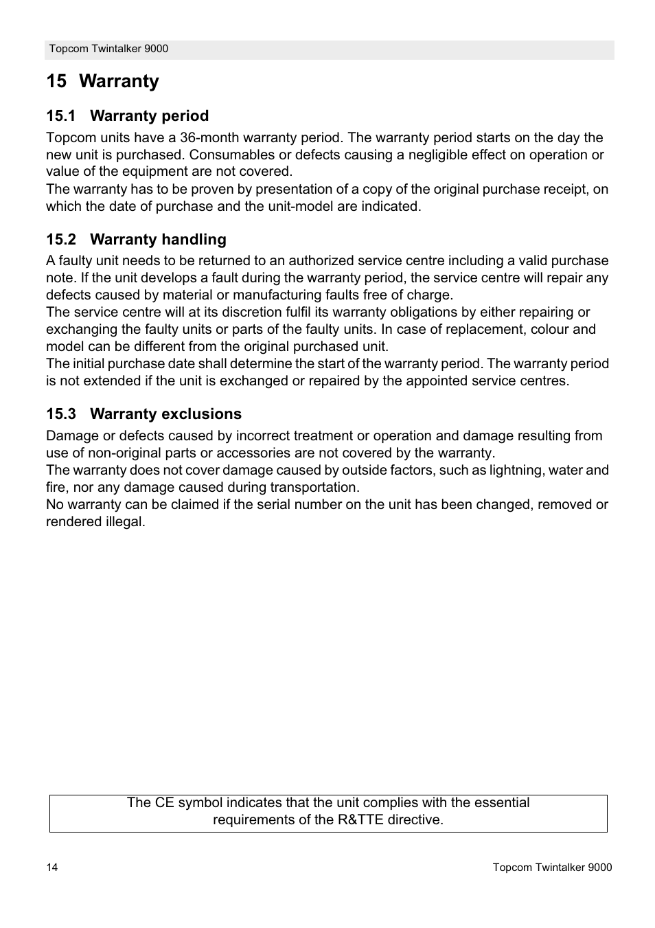 15 warranty | Topcom 9000 User Manual | Page 14 / 28