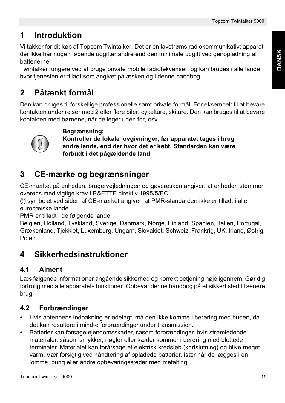 1introduktion, 2påtænkt formål, 3ce-mærke og begrænsninger | 4sikkerhedsinstruktioner | Topcom 9000 User Manual | Page 15 / 28