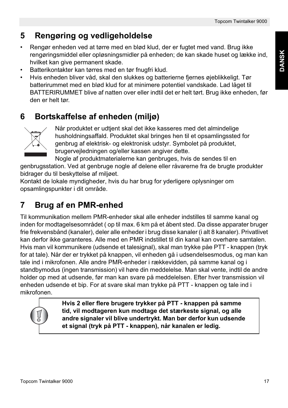 5rengøring og vedligeholdelse, 6bortskaffelse af enheden (miljø), 7brug af en pmr-enhed | Topcom 9000 User Manual | Page 17 / 28