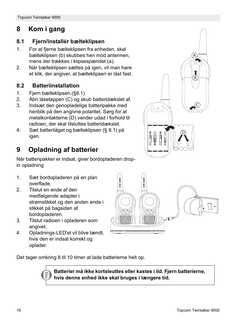 8kom i gang, 9opladning af batterier | Topcom 9000 User Manual | Page 18 / 28