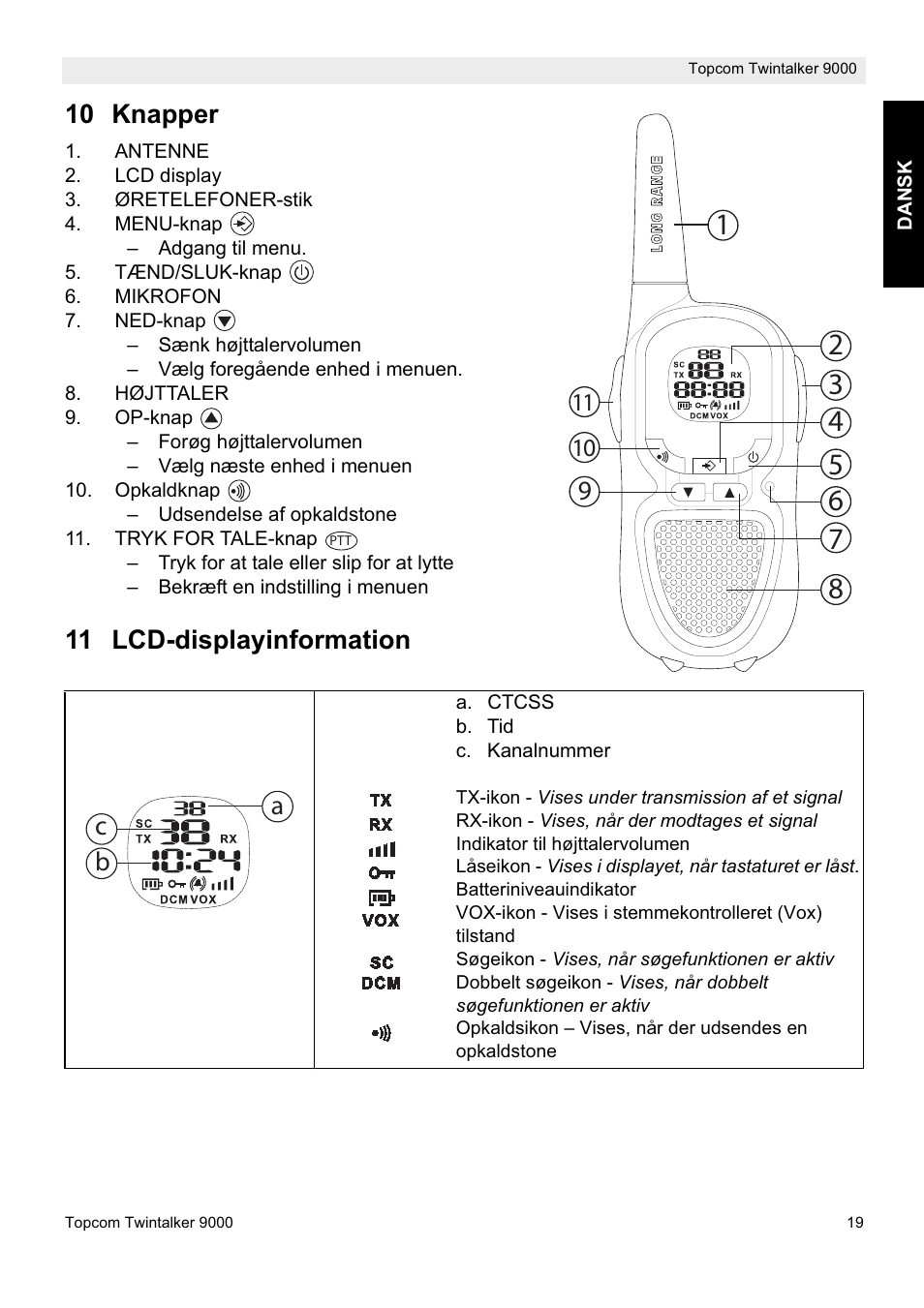 10 knapper, 11 lcd-displayinformation, Ac b | Topcom 9000 User Manual | Page 19 / 28