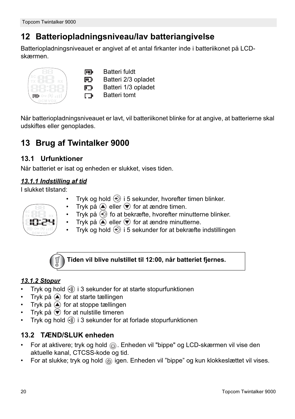 12 batteriopladningsniveau/lav batteriangivelse | Topcom 9000 User Manual | Page 20 / 28