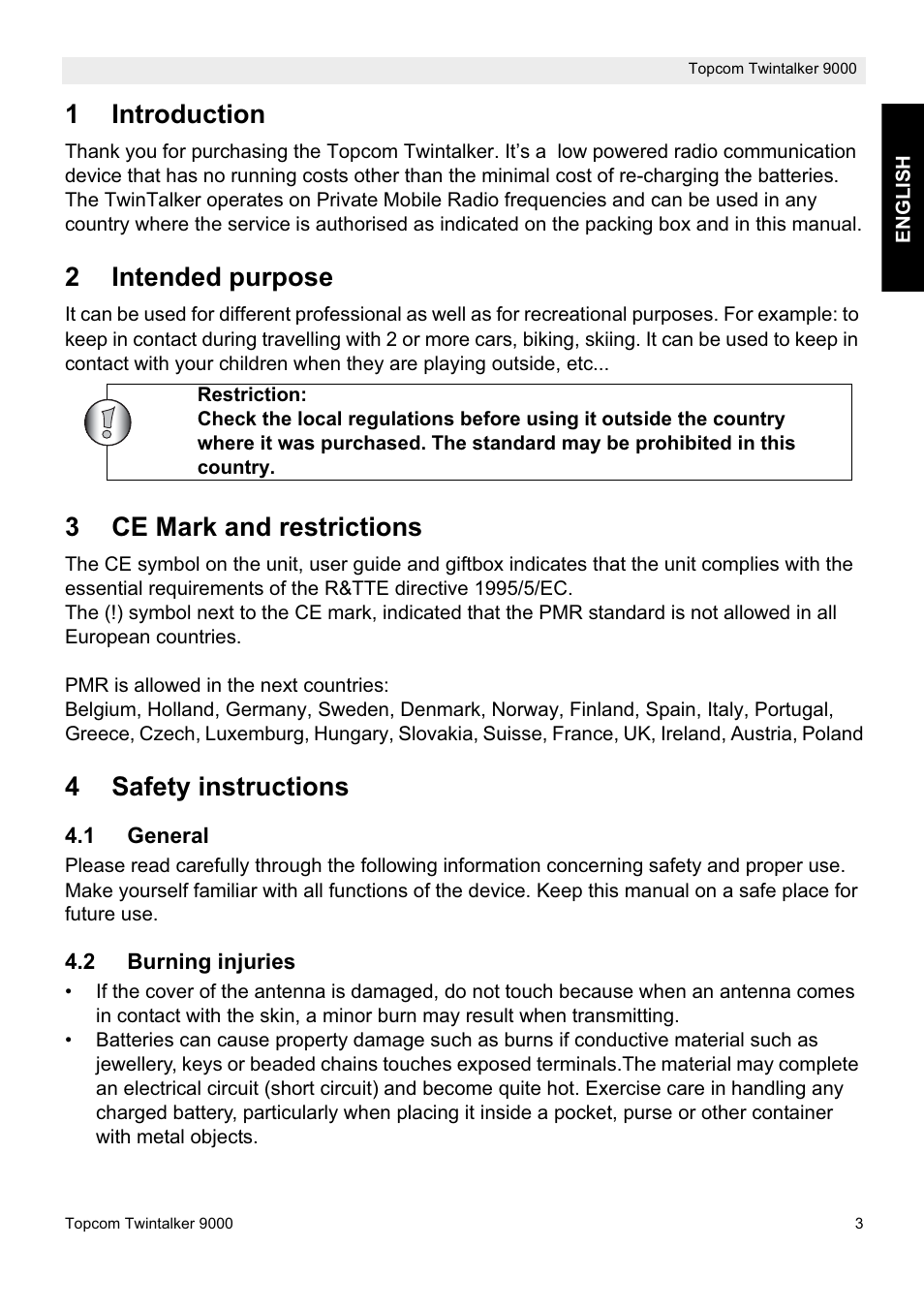 1introduction, 2intended purpose, 3ce mark and restrictions | 4safety instructions | Topcom 9000 User Manual | Page 3 / 28