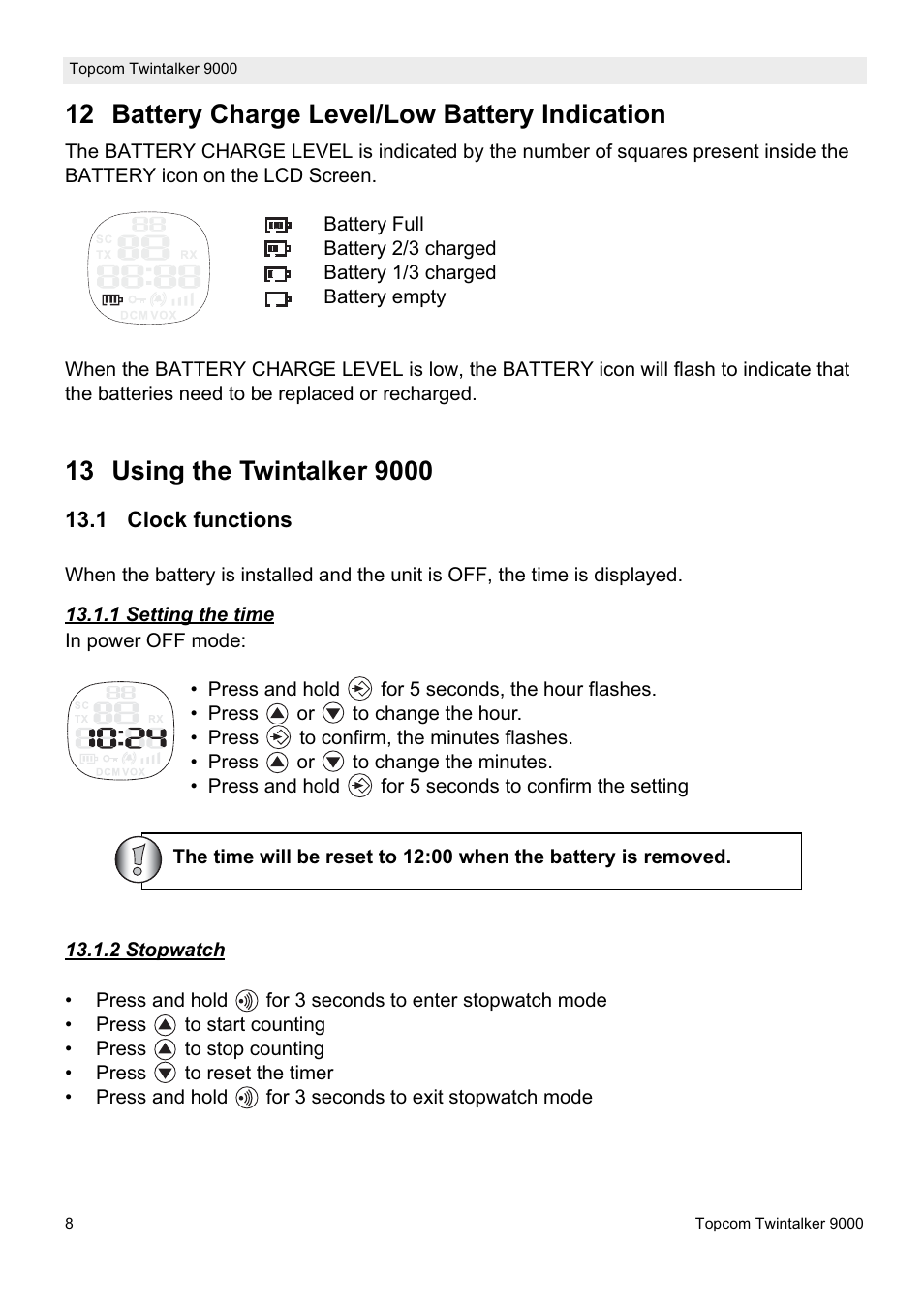 12 battery charge level/low battery indication | Topcom 9000 User Manual | Page 8 / 28