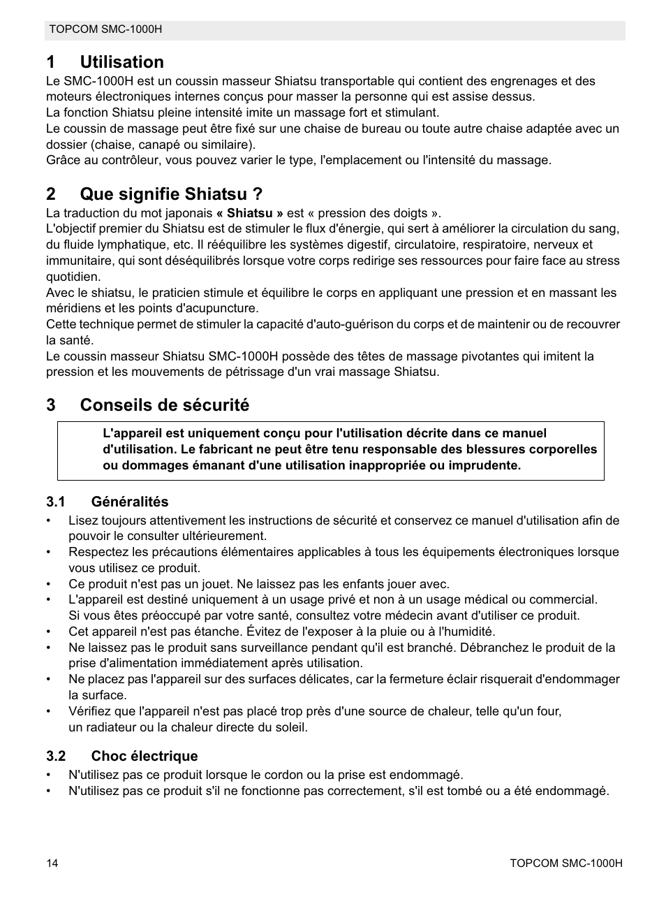 1utilisation, 2que signifie shiatsu, 3conseils de sécurité | Topcom SMC-1000H User Manual | Page 14 / 92