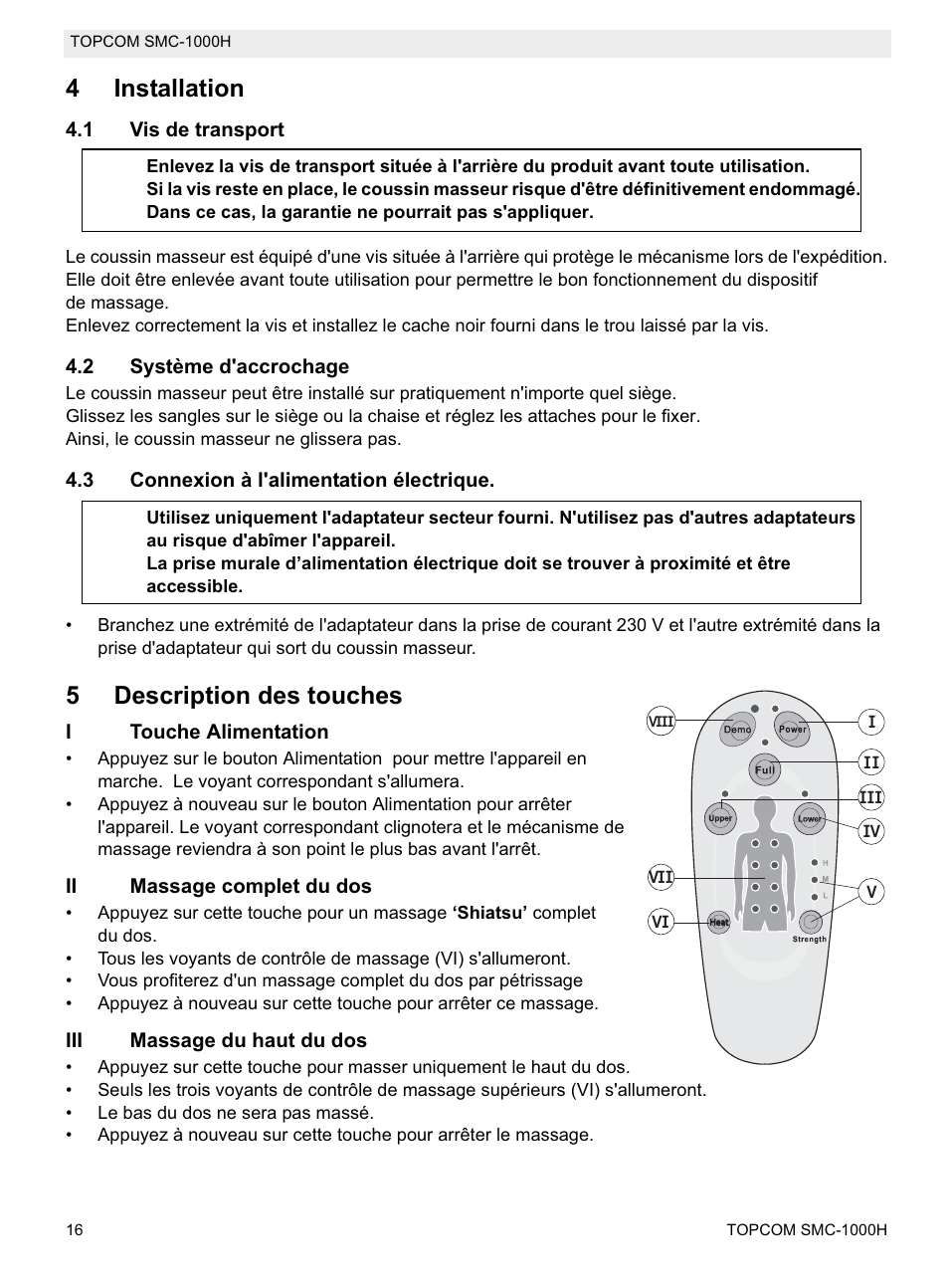 4installation, 5description des touches | Topcom SMC-1000H User Manual | Page 16 / 92