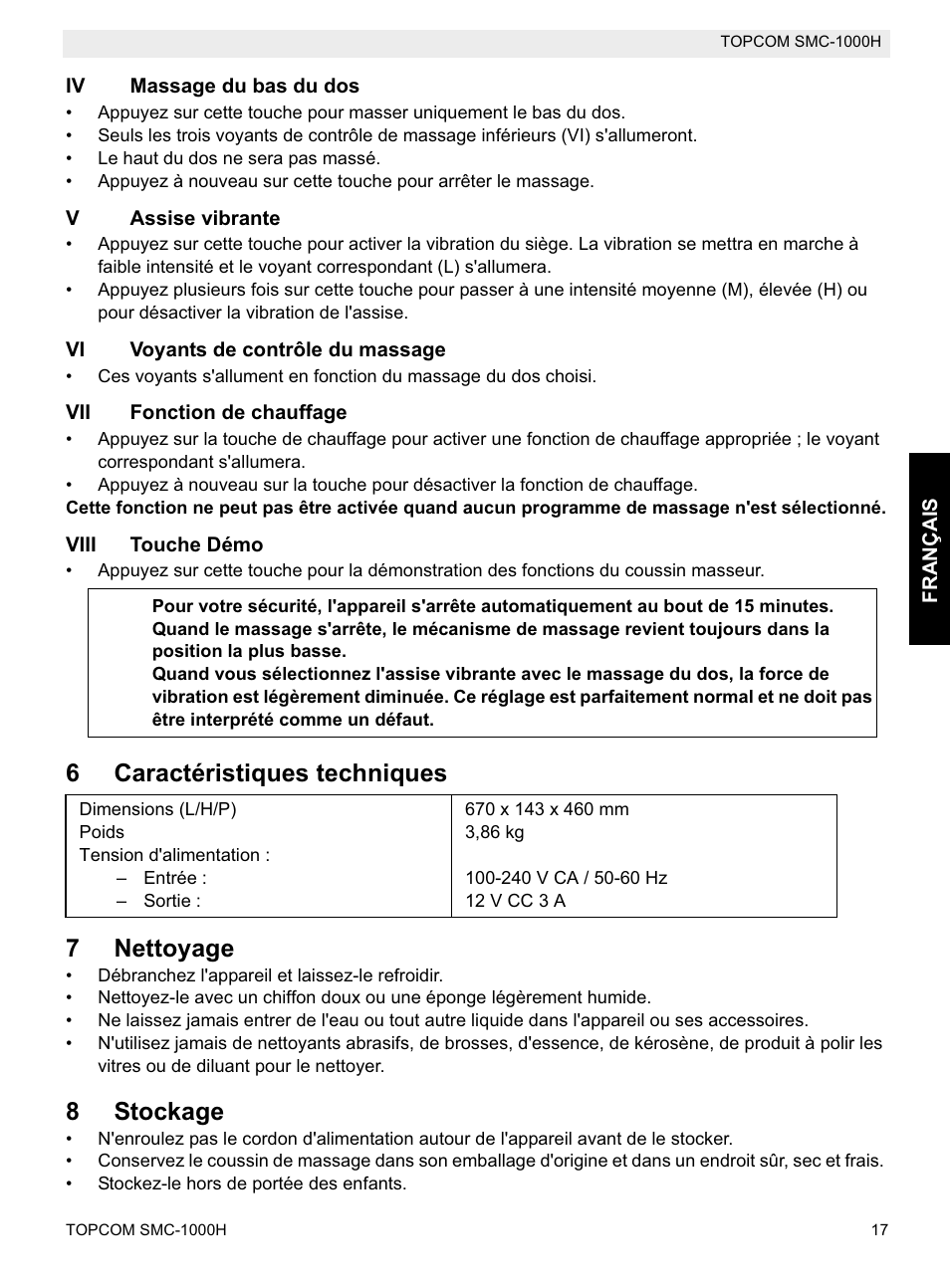 6caractéristiques techniques 7 nettoyage, 8stockage | Topcom SMC-1000H User Manual | Page 17 / 92