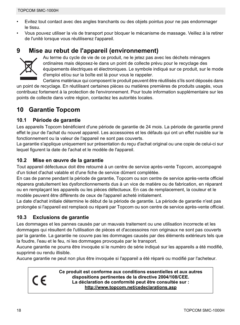 9mise au rebut de l'appareil (environnement), 10 garantie topcom | Topcom SMC-1000H User Manual | Page 18 / 92