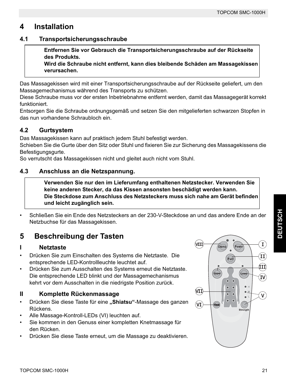 4installation, 5beschreibung der tasten | Topcom SMC-1000H User Manual | Page 21 / 92