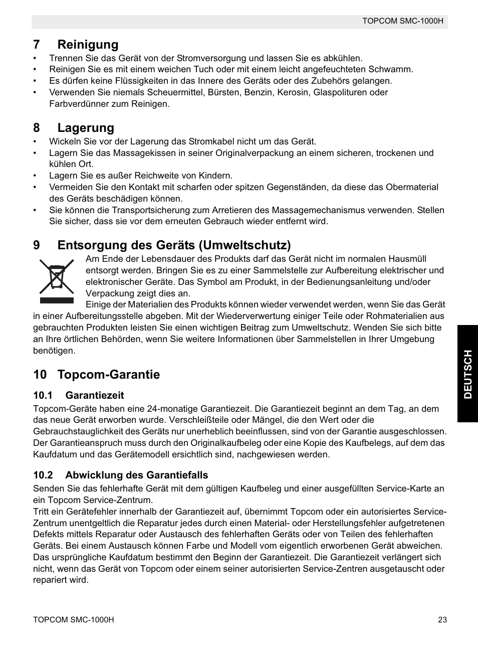 7reinigung, 8lagerung, 9entsorgung des geräts (umweltschutz) | 10 topcom-garantie | Topcom SMC-1000H User Manual | Page 23 / 92