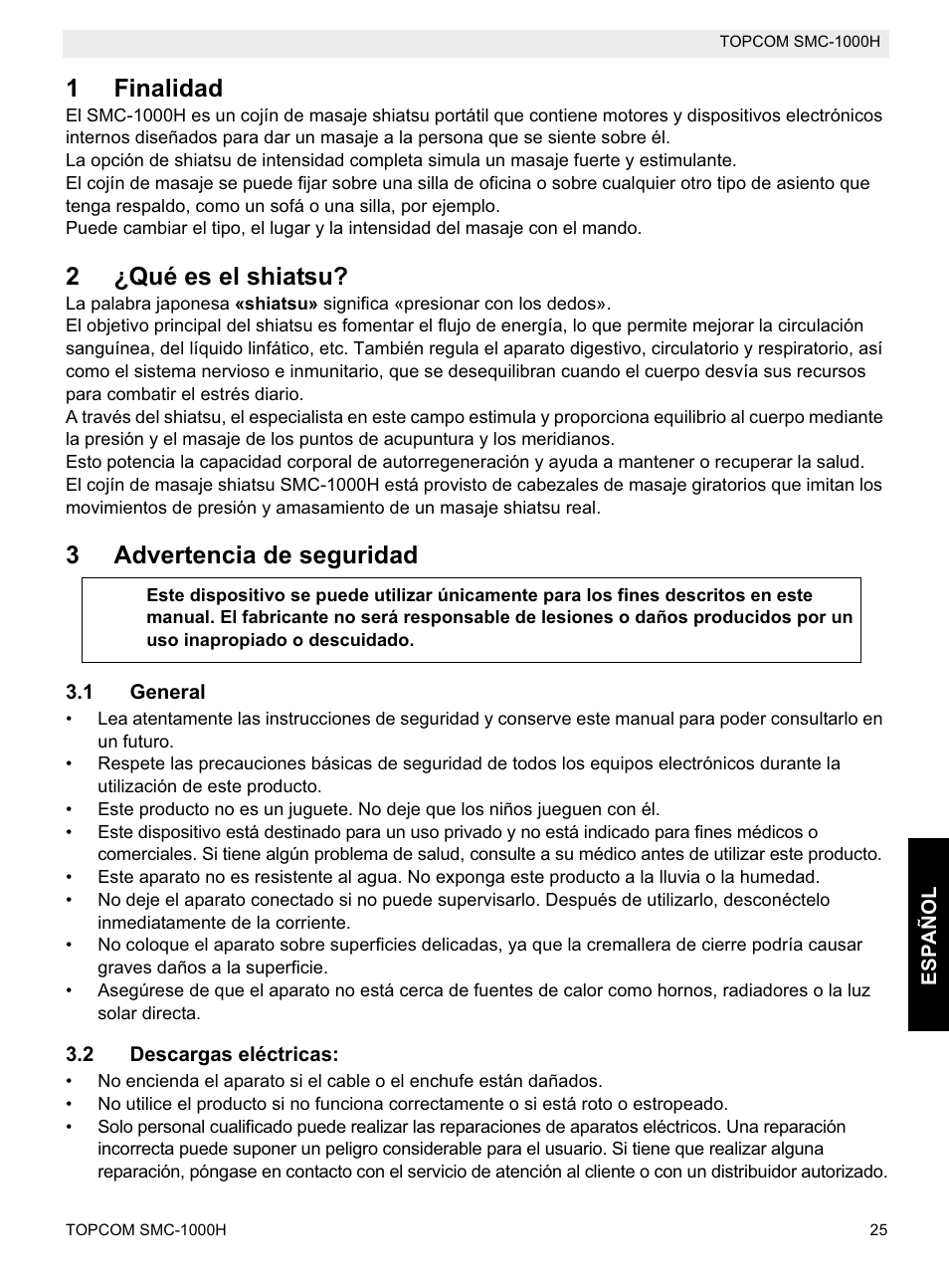 1finalidad, 2¿qué es el shiatsu, 3advertencia de seguridad | Topcom SMC-1000H User Manual | Page 25 / 92