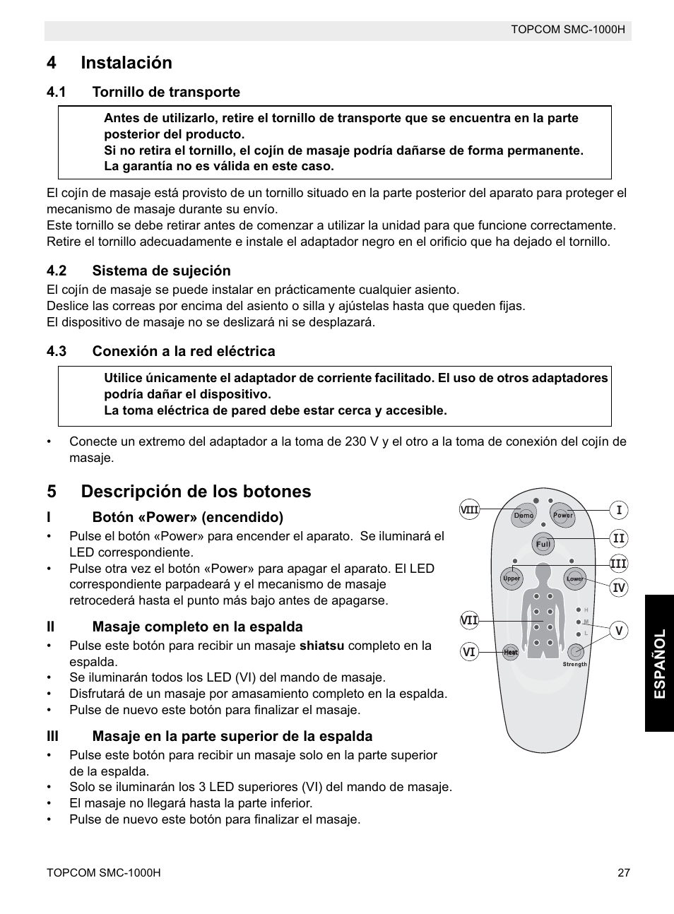 4instalación, 5descripción de los botones | Topcom SMC-1000H User Manual | Page 27 / 92
