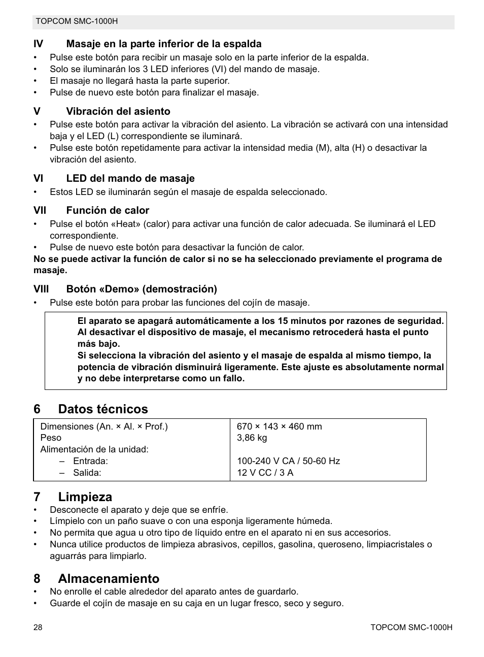 6datos técnicos 7 limpieza, 8almacenamiento | Topcom SMC-1000H User Manual | Page 28 / 92