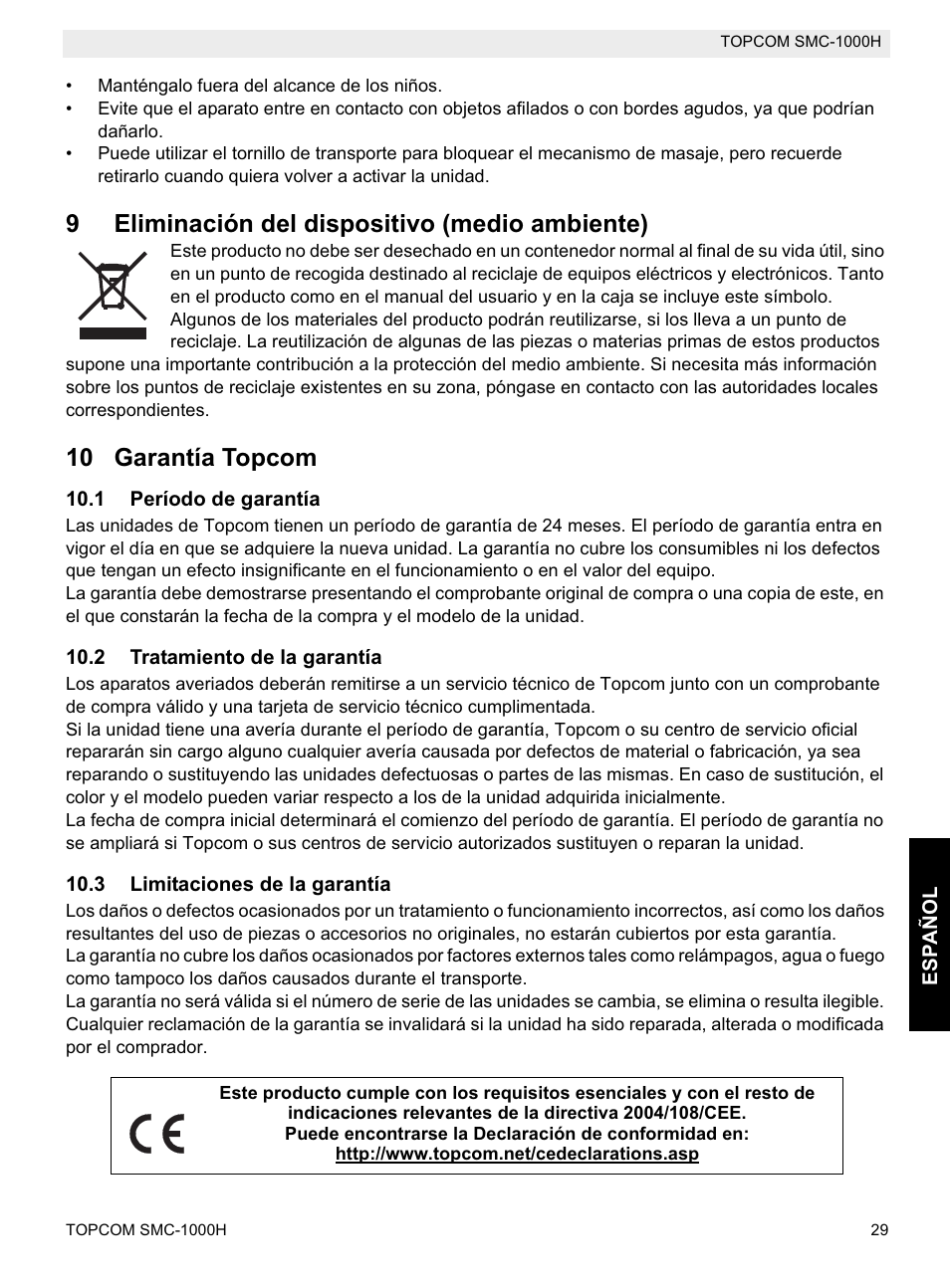 9eliminación del dispositivo (medio ambiente), 10 garantía topcom | Topcom SMC-1000H User Manual | Page 29 / 92