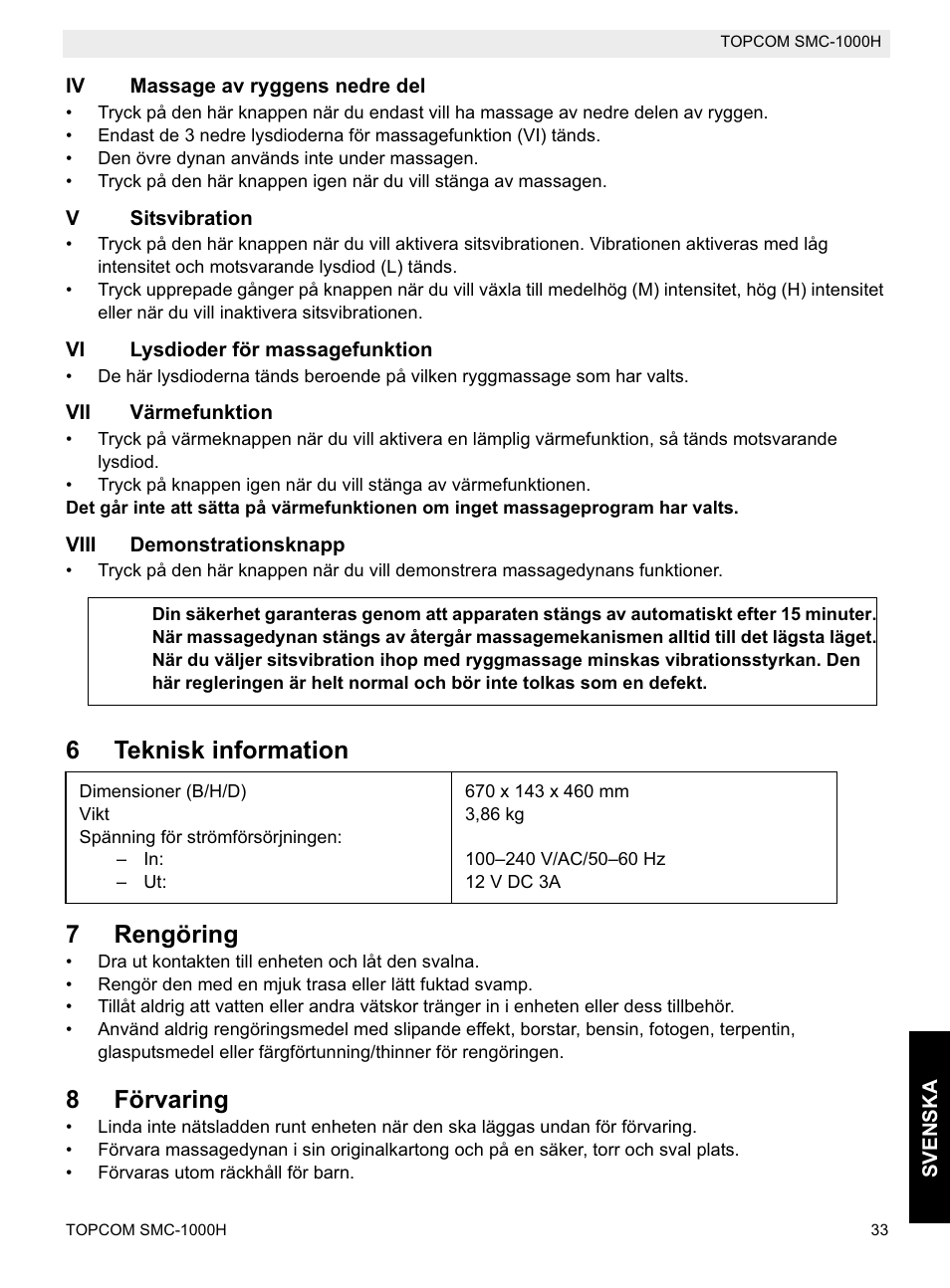 6teknisk information 7 rengöring, 8förvaring | Topcom SMC-1000H User Manual | Page 33 / 92