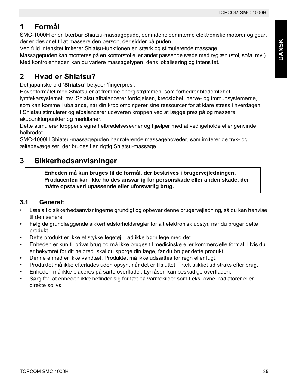 1formål, 2hvad er shiatsu, 3sikkerhedsanvisninger | Topcom SMC-1000H User Manual | Page 35 / 92