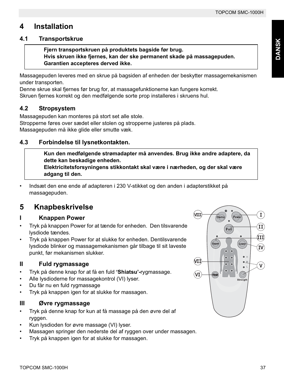 4installation, 5knapbeskrivelse | Topcom SMC-1000H User Manual | Page 37 / 92