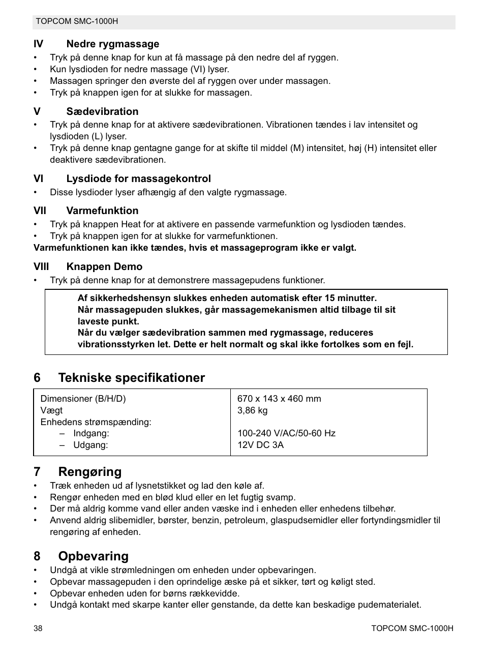 6tekniske specifikationer 7 rengøring, 8opbevaring | Topcom SMC-1000H User Manual | Page 38 / 92