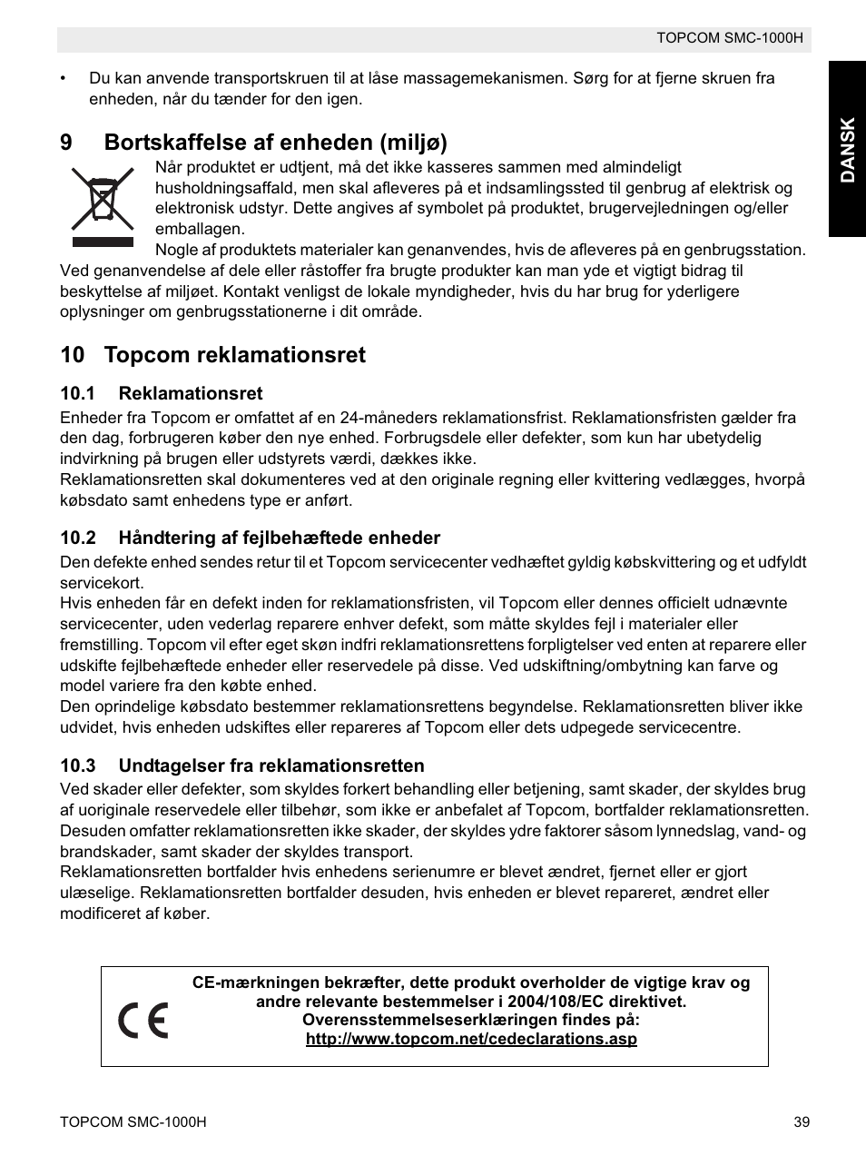 9bortskaffelse af enheden (miljø), 10 topcom reklamationsret | Topcom SMC-1000H User Manual | Page 39 / 92