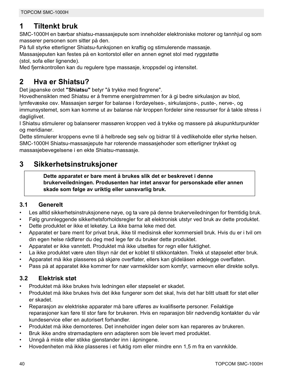 1tiltenkt bruk, 2hva er shiatsu, 3sikkerhetsinstruksjoner | Topcom SMC-1000H User Manual | Page 40 / 92