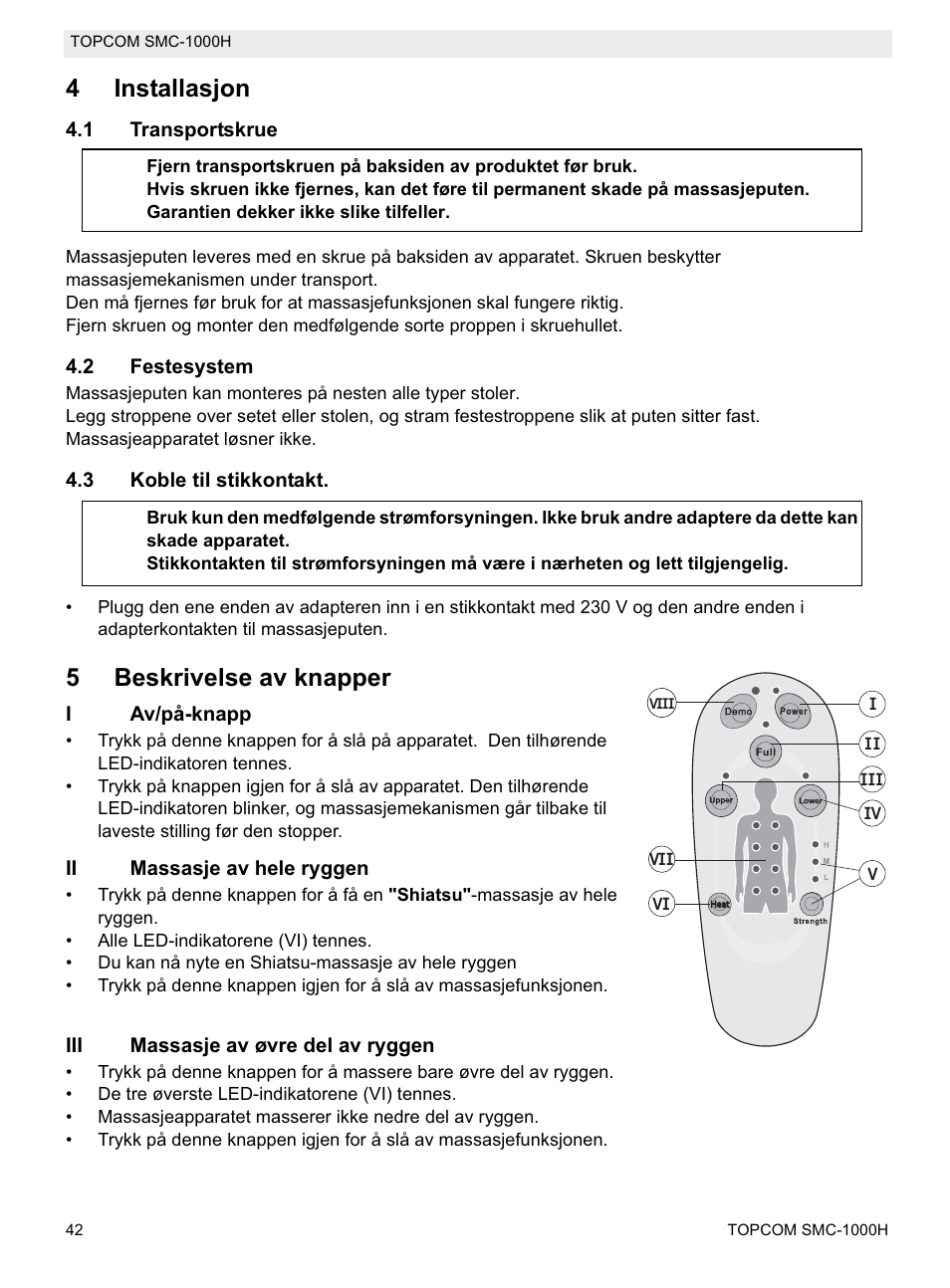 4installasjon, 5beskrivelse av knapper | Topcom SMC-1000H User Manual | Page 42 / 92