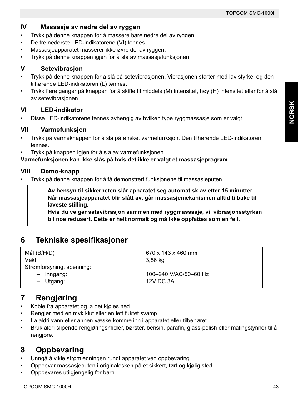 6tekniske spesifikasjoner 7 rengjøring, 8oppbevaring | Topcom SMC-1000H User Manual | Page 43 / 92